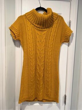 Pink Rose Size M Mustard Yellow Short Sleeve Cowl Neck Cable Knit Mini Dress